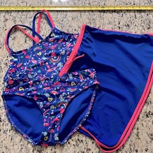 Cat & Jack 3 Piece Bathing Suit Set Flamingos & Rainbows Size XL 14/16